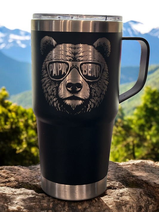 Papa Bear Travel Mug 20oz Engraved Travel Tumbler with Handle