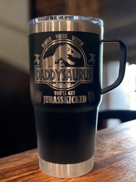 Make Dad roar with joy this Father’s Day with our 20oz Double-Walled Stainless Steel Travel Mug, boldly laser-engraved