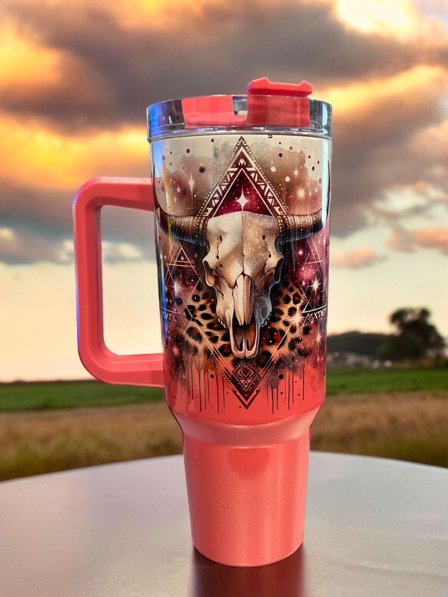 40oz Stanley Style Thirst Quencher Tumblers -cow skull- pink/white holographic glitter