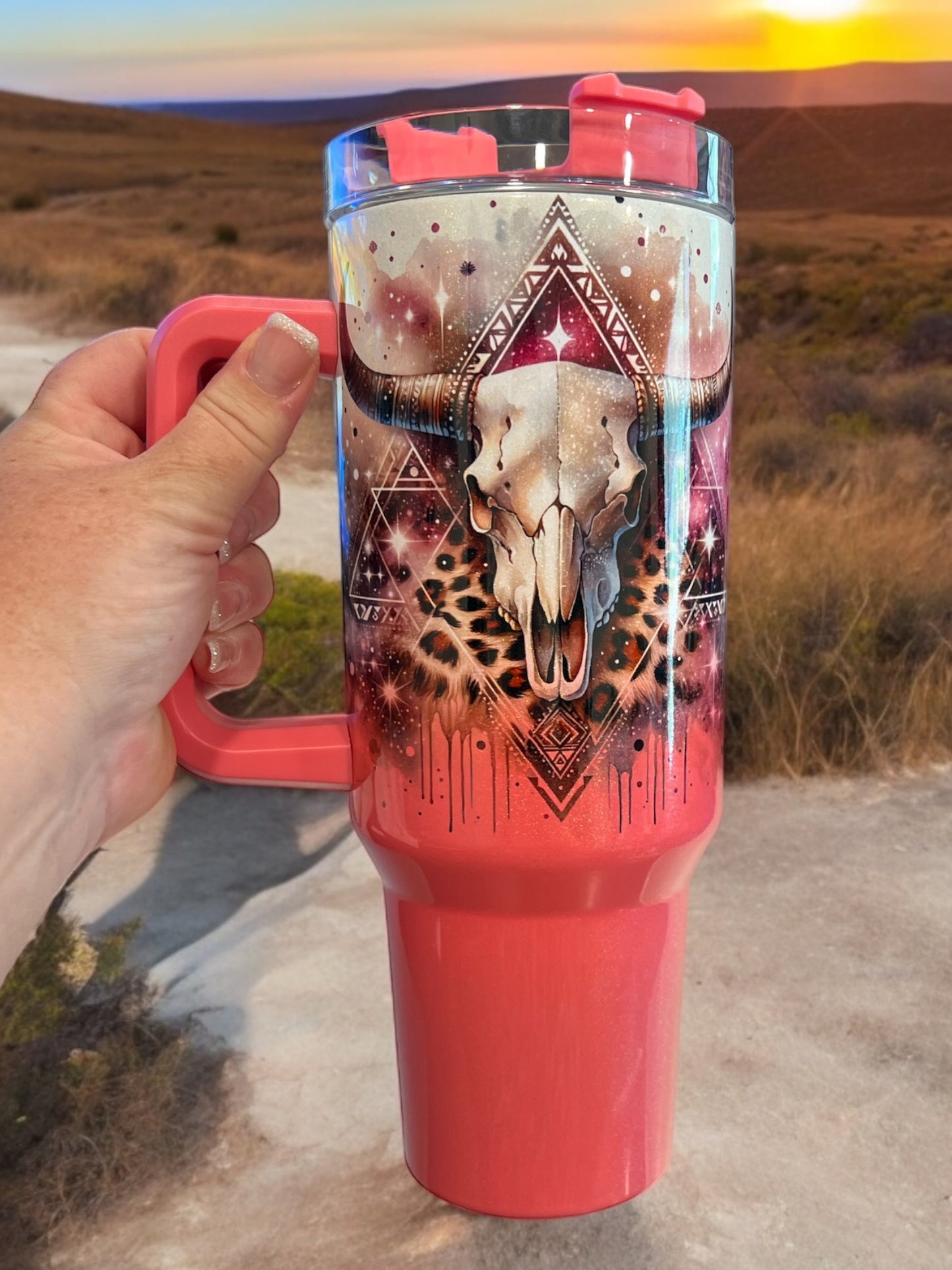 40oz Stanley Style Thirst Quencher Tumblers -cow skull- pink/white holographic glitter