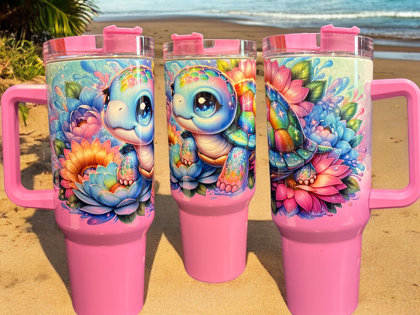 40oz Stanley Style Thirst Quencher Tumblers -Turtle Purple /white holographic glitter