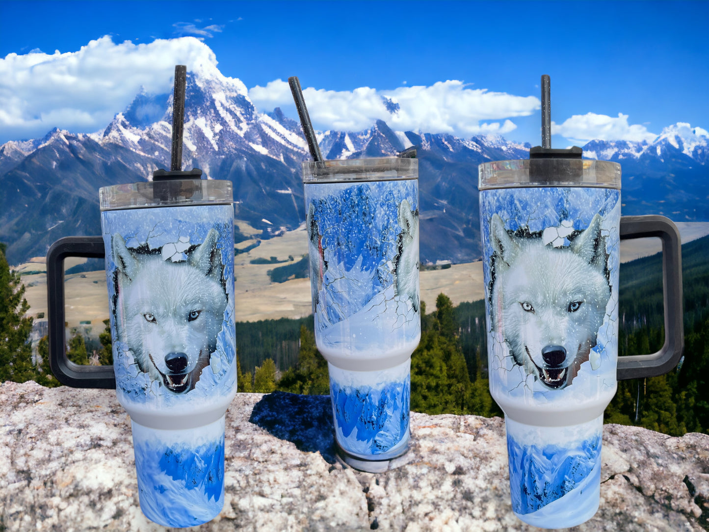 Embrace the Wild – 40oz Wolf, Snowy Mountain Stainless Steel Large Thirst Quencher Travel Cup!
