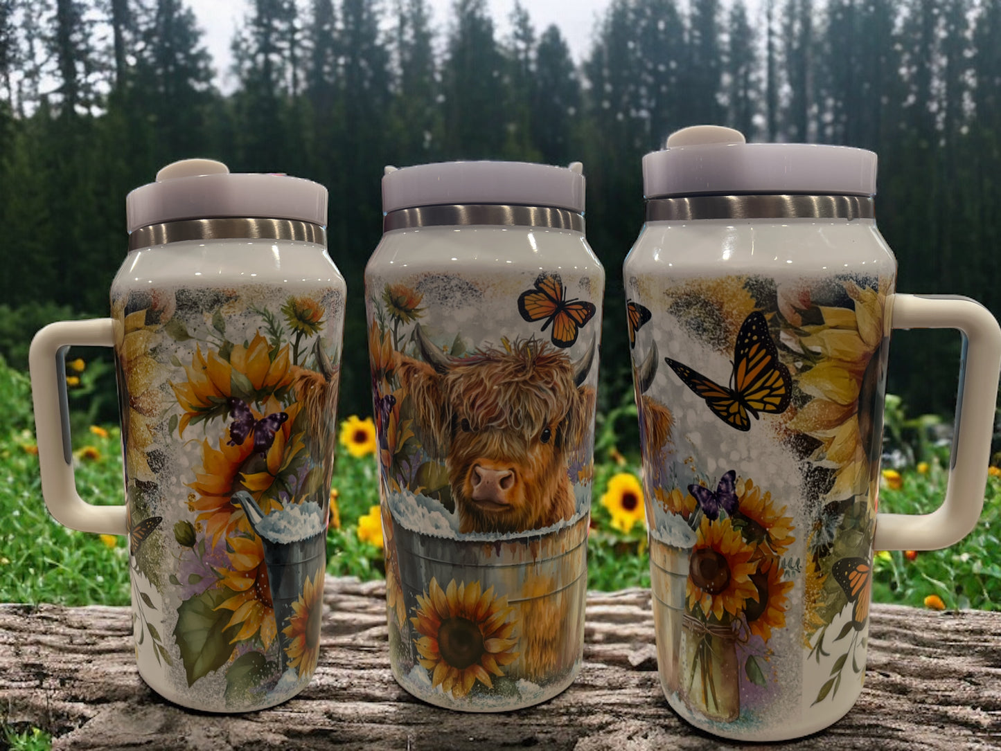 64oz Stanley Style Thirst Quencher- Cow in tub with butterflies