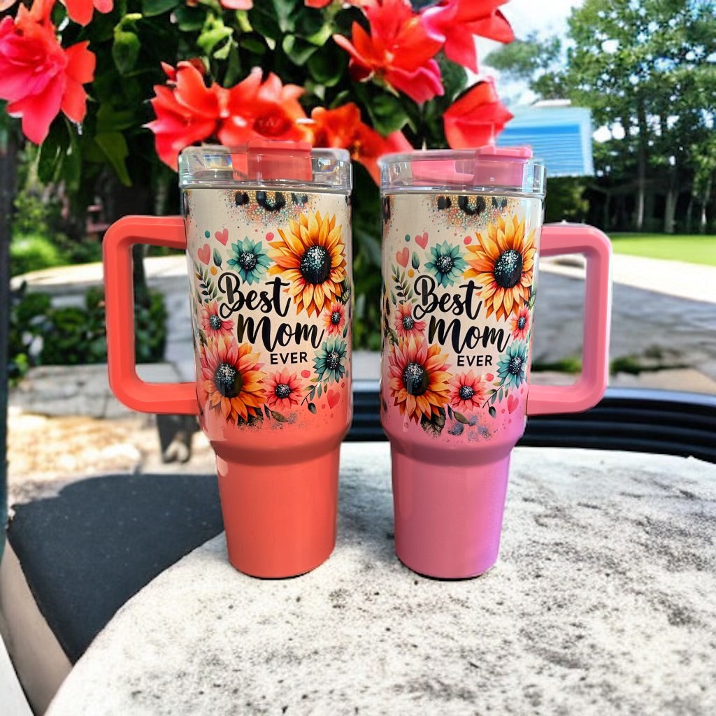 Best Mom Ever Holographic Sparkle- 40oz Stainless Steel Portable Cup with Handle