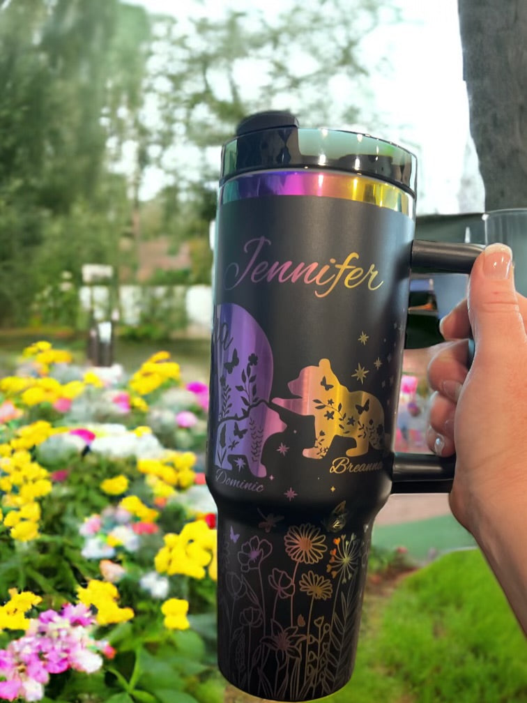 Engraved Rainbow Mama Bear with name, 2 cubs -40oz Stainless Steel Cup with handle