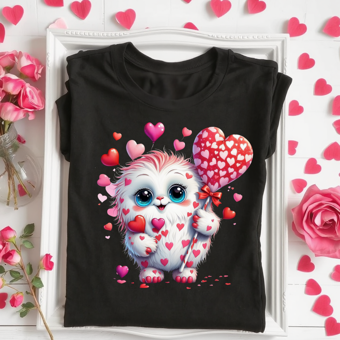 Children's Valentines Fun Cute Graphic T-Shirts and Sweaters -White Red and Pink Monster with roses
