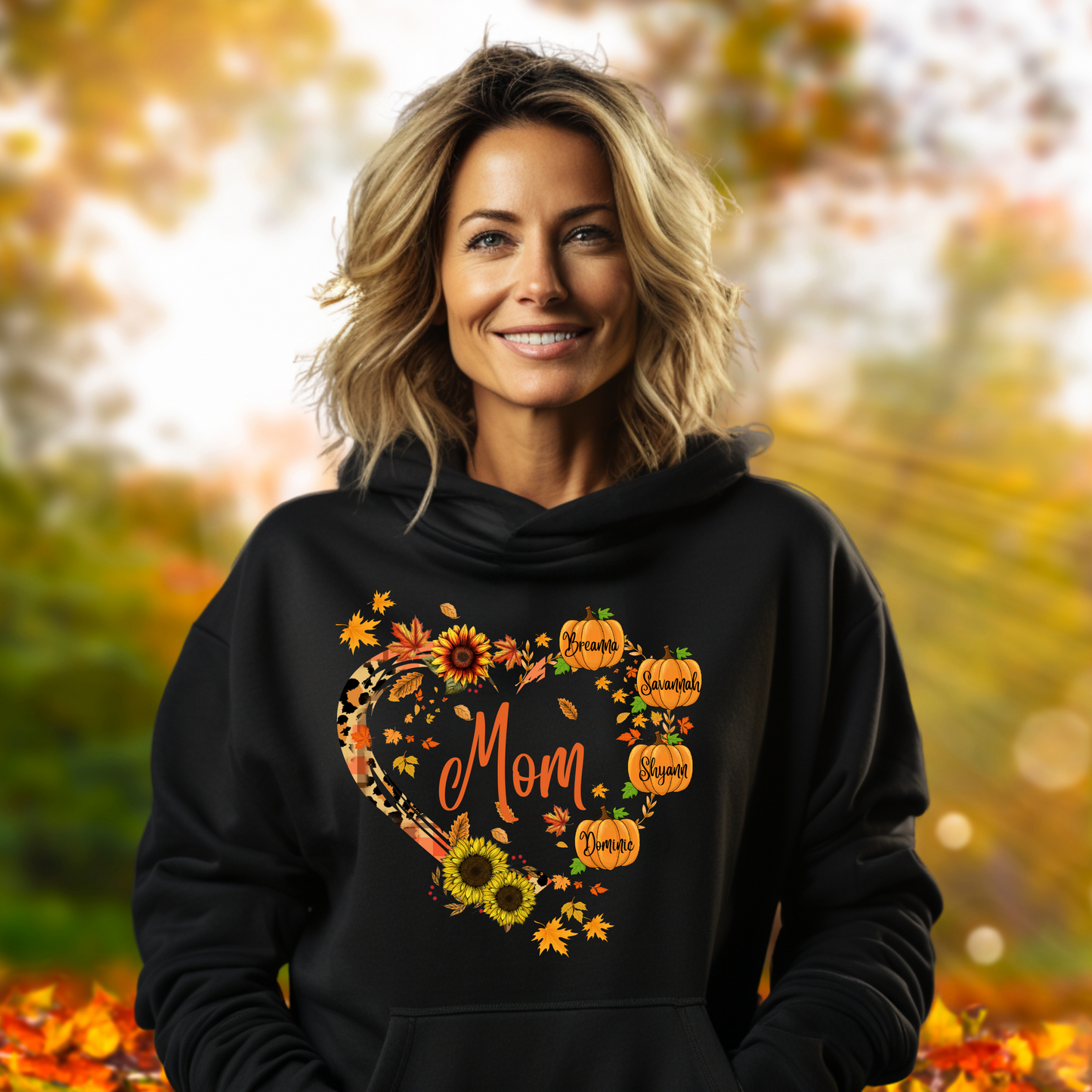 Personalized Fall Pumpkin Mom Shirt – Custom Autumn T-Shirt, Hoodie, or Women’s V-Neck – Cute Fall Sweater Gift for Mom