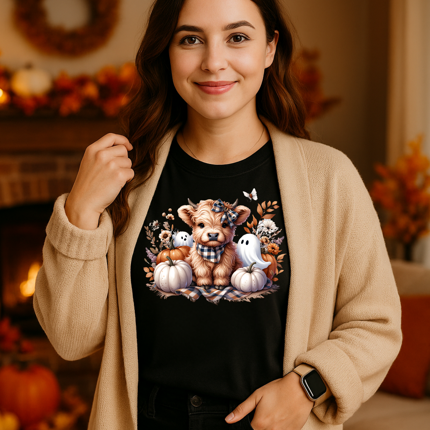 Fall Highland Cow T-Shirt with Pumpkins & Cute Ghosts | Cozy Autumn Tee (Plus Sizes S–6XL)