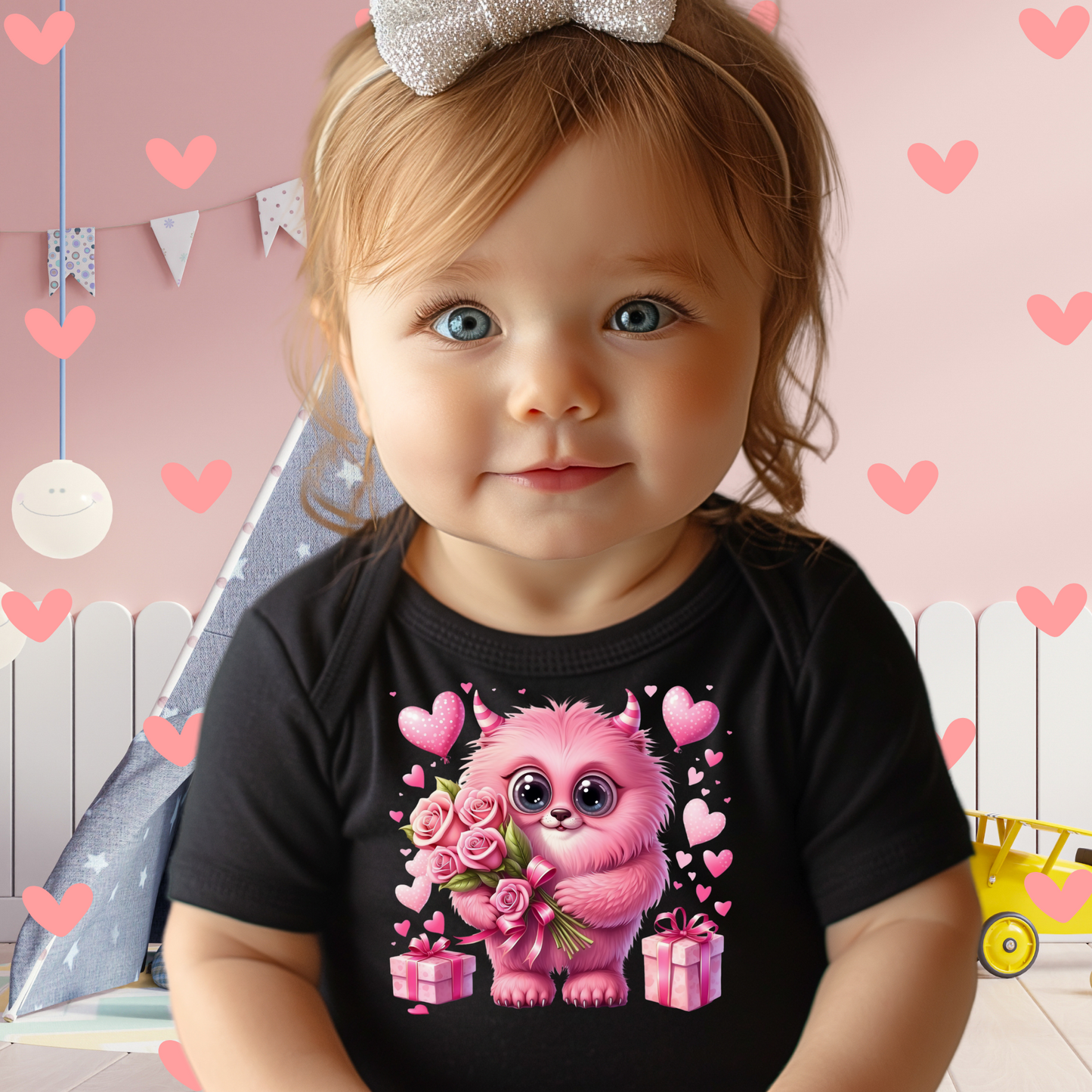 Valentines Fun Cute Graphic T-Shirts and Sweaters -Pink Monster with roses
