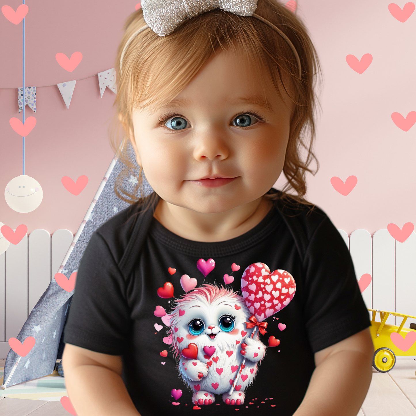 Children's Valentines Fun Cute Graphic T-Shirts and Sweaters -White Red and Pink Monster with roses