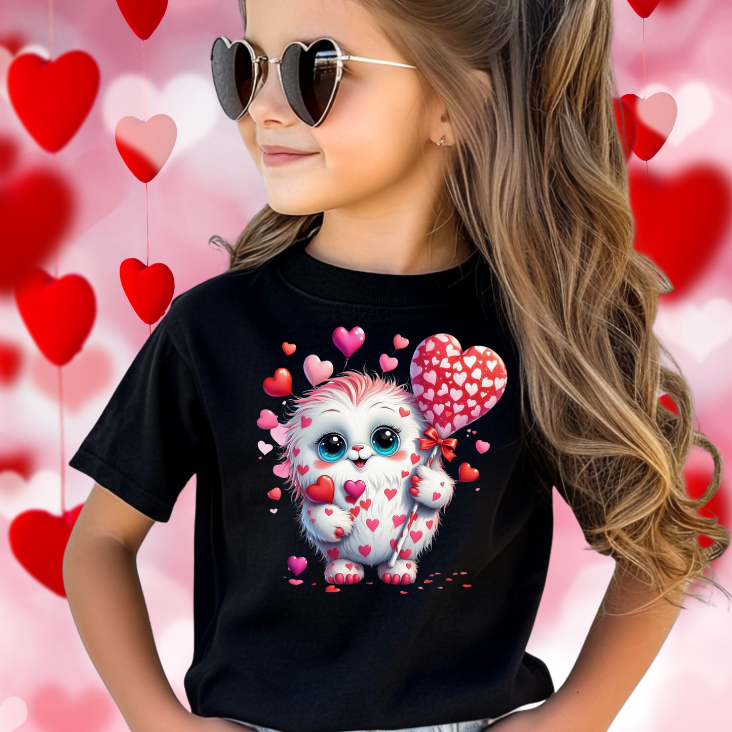 Children's Valentines Fun Cute Graphic T-Shirts and Sweaters -White Red and Pink Monster with roses