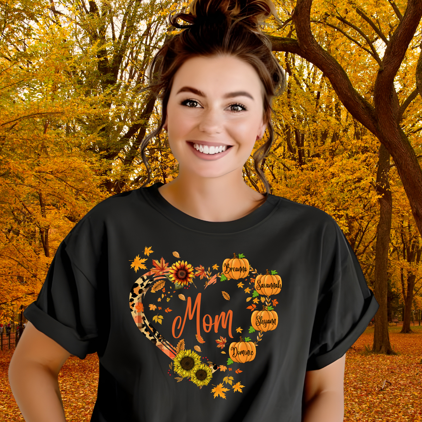 Personalized Fall Pumpkin Mom Shirt – Custom Autumn T-Shirt, Hoodie, or Women’s V-Neck – Cute Fall Sweater Gift for Mom