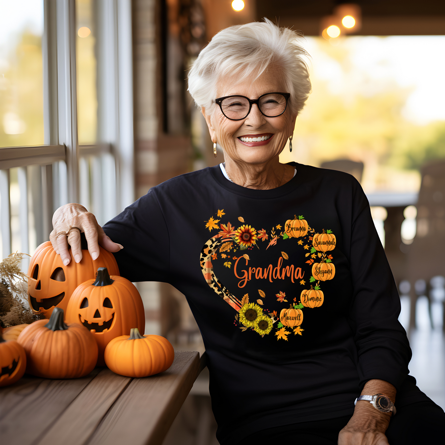 Personalized Fall Pumpkin Grandma Shirt – Custom Autumn T-Shirt, Hoodie, or Women’s V-Neck – Cute Fall Sweater Gift for Grandma