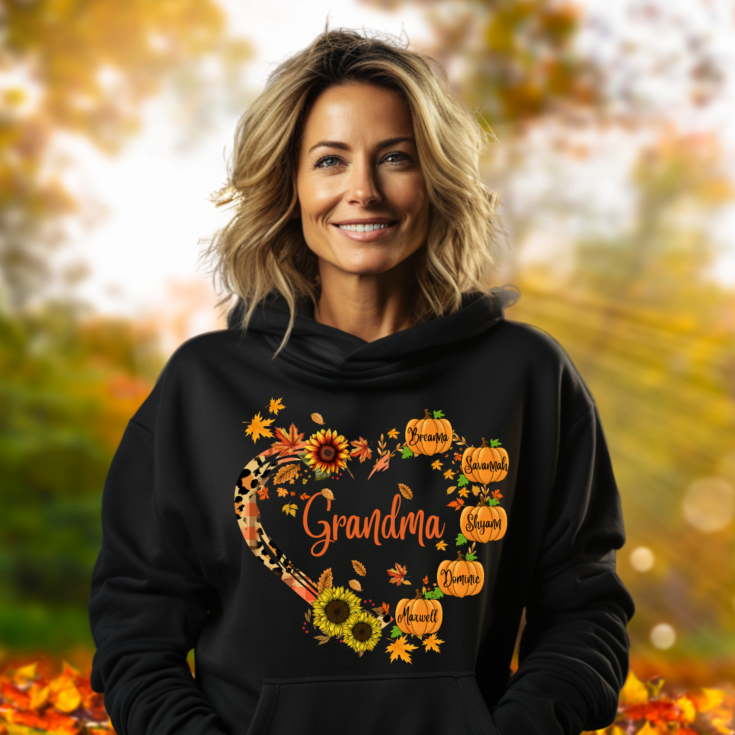 Personalized Fall Pumpkin Grandma Shirt – Custom Autumn T-Shirt, Hoodie, or Women’s V-Neck – Cute Fall Sweater Gift for Grandma
