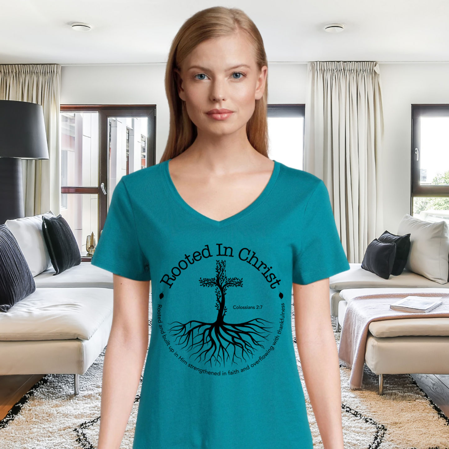 Women's V Neck Shirt - Rooted in Christ, Circle Tree