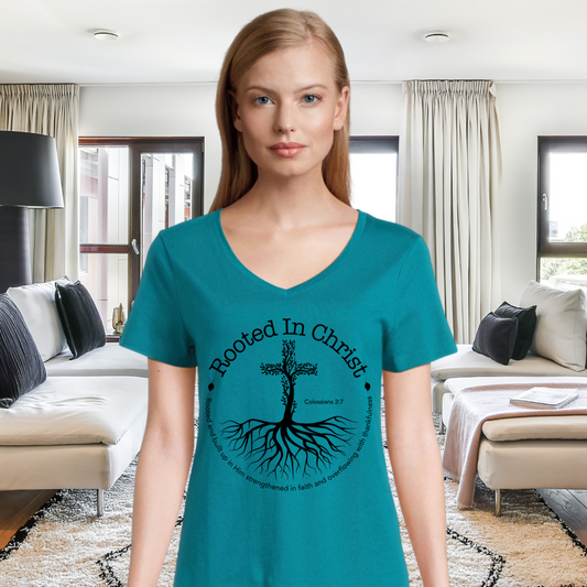 Women's V Neck Shirt - Rooted in Christ, Circle Tree