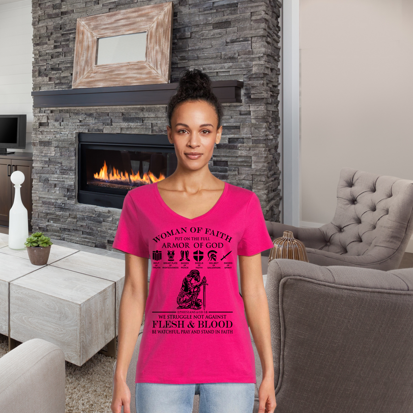 Women's V Neck Shirt -Armor Of God