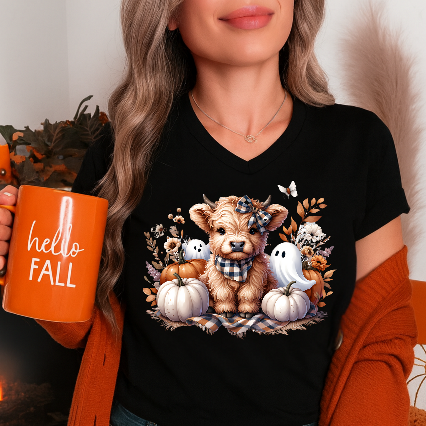 Fall Highland Cow T-Shirt with Pumpkins & Cute Ghosts | Cozy Autumn Tee (Plus Sizes S–6XL)