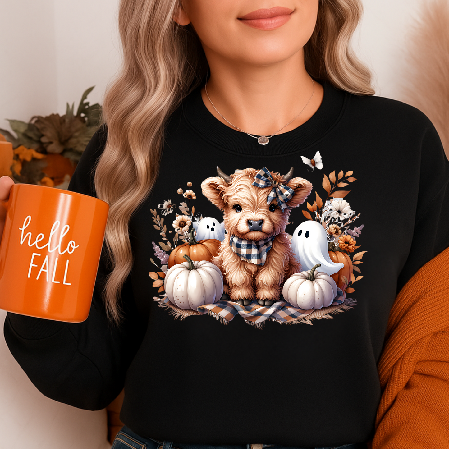 Fall Highland Cow T-Shirt with Pumpkins & Cute Ghosts | Cozy Autumn Tee (Plus Sizes S–6XL)