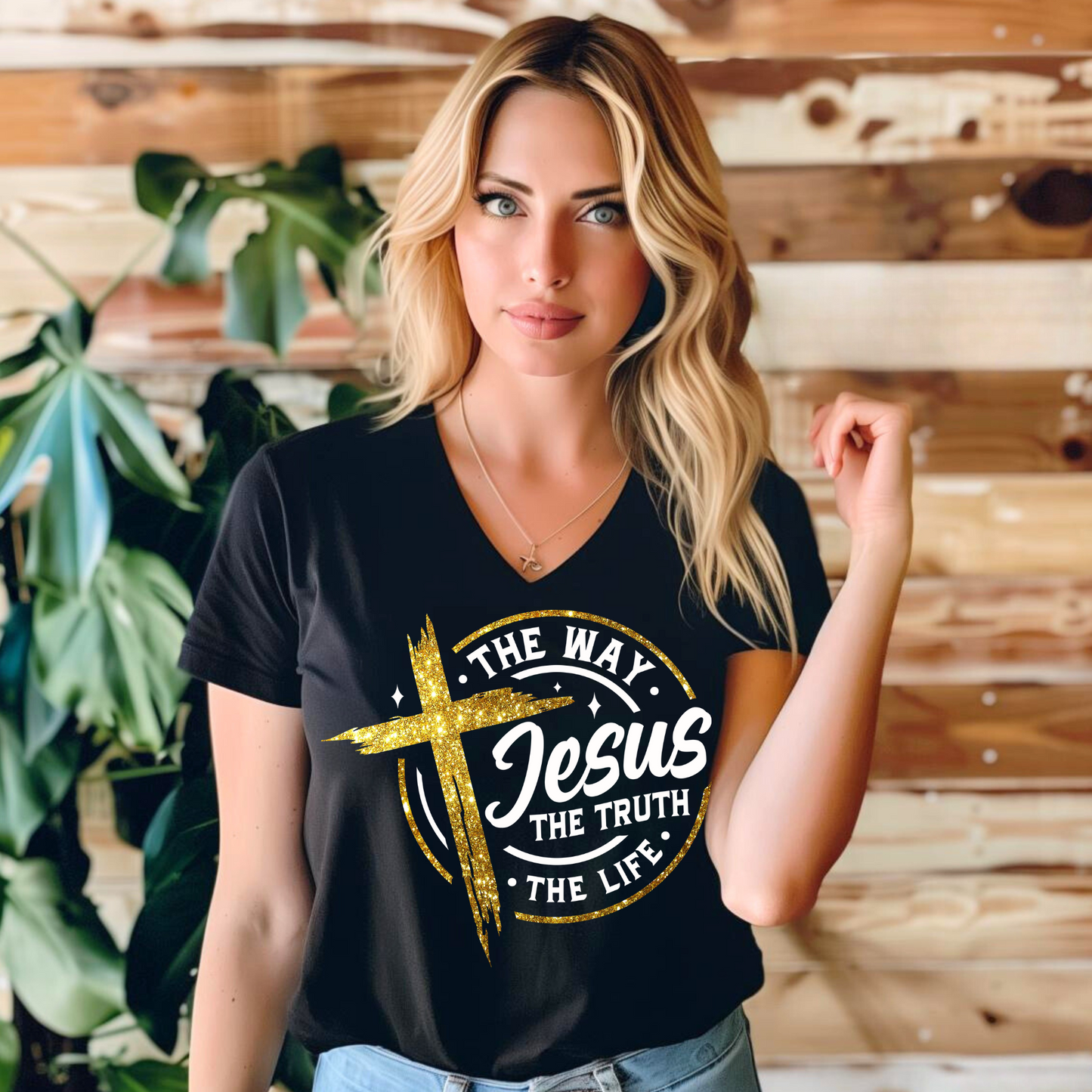 Women's V Neck Shirt -Jesus The Way The Truth The Life Gold Cross