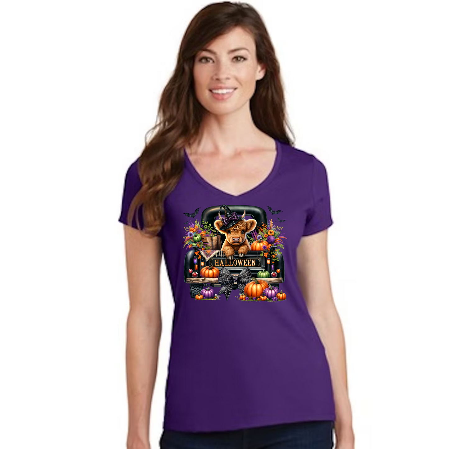Spooky Season Meets Highland Charm Women's V Neck T Shirt