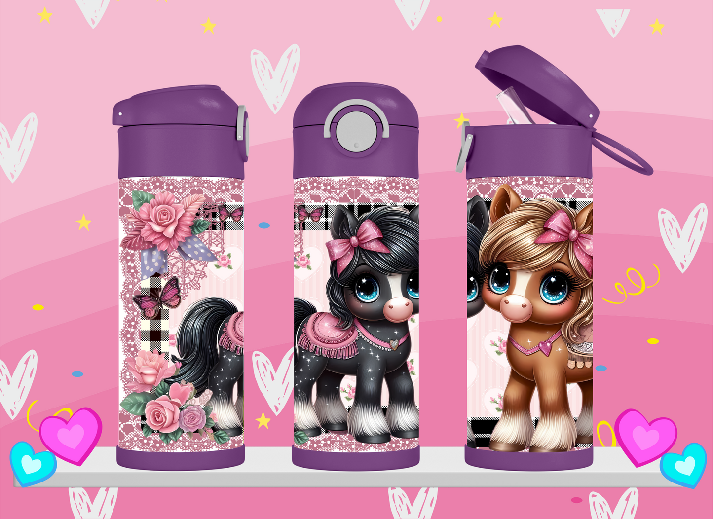12oz kids water bottles - Adorable horses