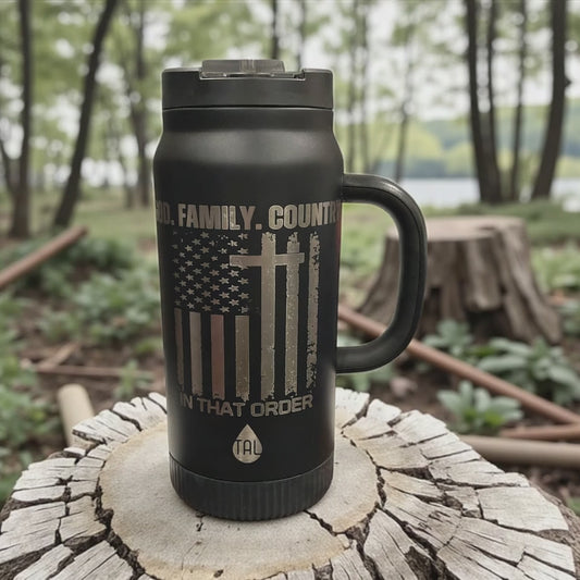 God. Family. Country. – 64oz Engraved Stainless Steel Water Bottle
