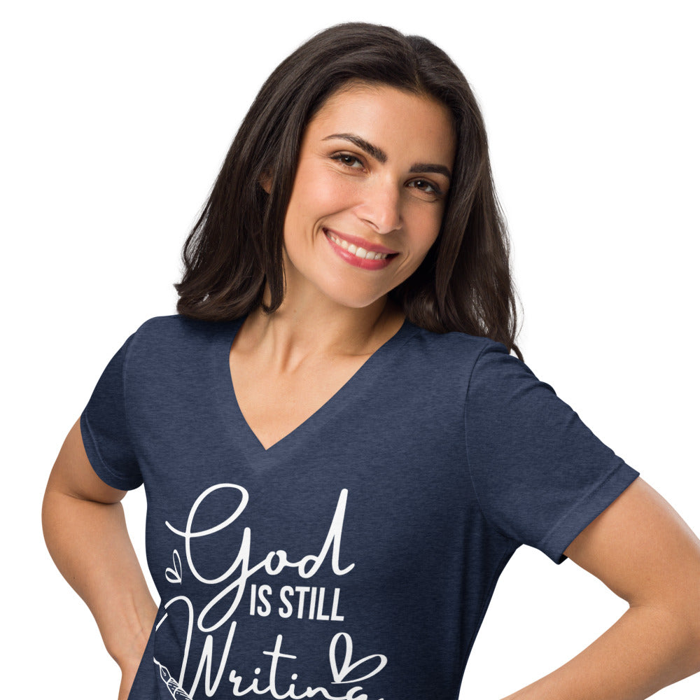 God is Writing your story stop steeling the pen- Women’s relaxed v-neck t-shirt