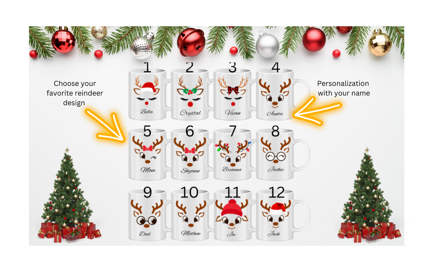 Personalized Reindeer Mug – Custom Name Christmas Mug – 11oz Holiday Coffee Cup – Matching Family Cocoa Night Mugs – Christmas Gift for Family, Friends & Coworkers