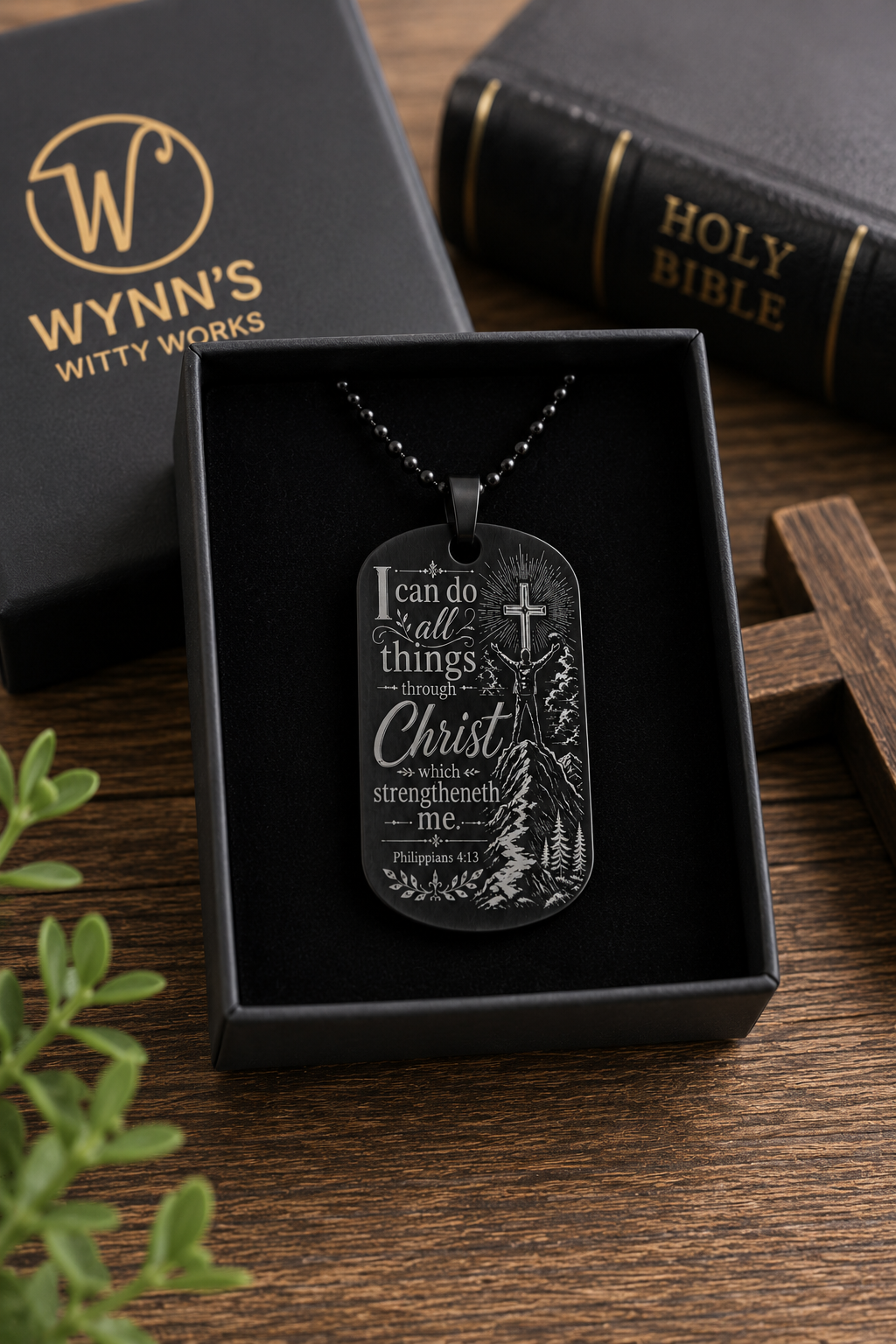 Philippians 4:13 black engraved dog tag necklace displayed in a gift box with a Bible, featuring I can do all things through Christ who strengthens me.
