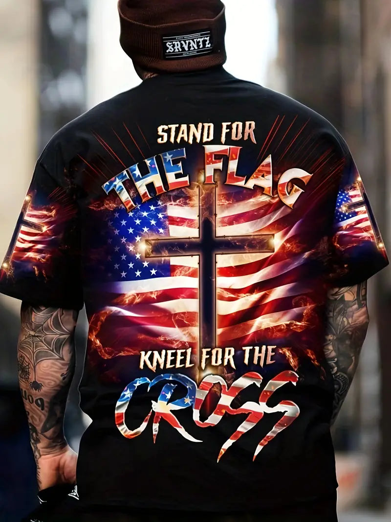 Men's T-Shirt -Cross Stand for the flag kneel for God red blue   0-6