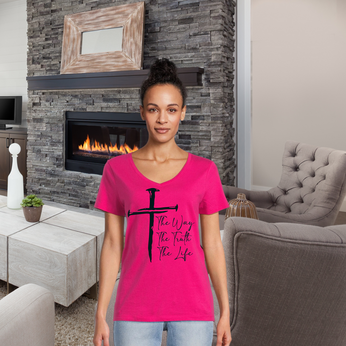 Women's V Neck Shirt -The Way The Truth The Life   10-12*