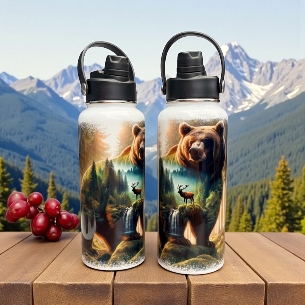 32oz Hydro Sports Water Bottle – Bear Hunting Mountain Forest Design | Dual 2-in-1 Lid, Vacuum Insulated Stainless Steel