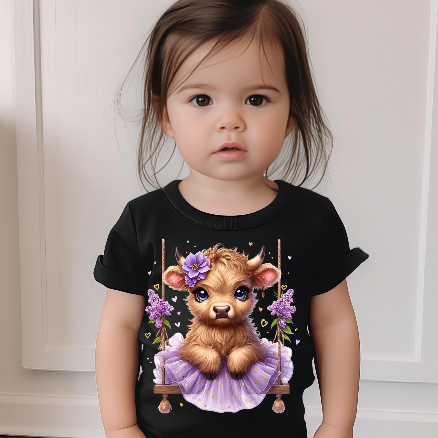 Children's Shirt -Girls Cute Cow on swing     13-17