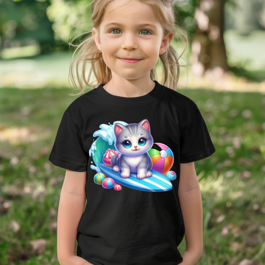 Children's T Shirt -Girls Kitten on wave    13-7