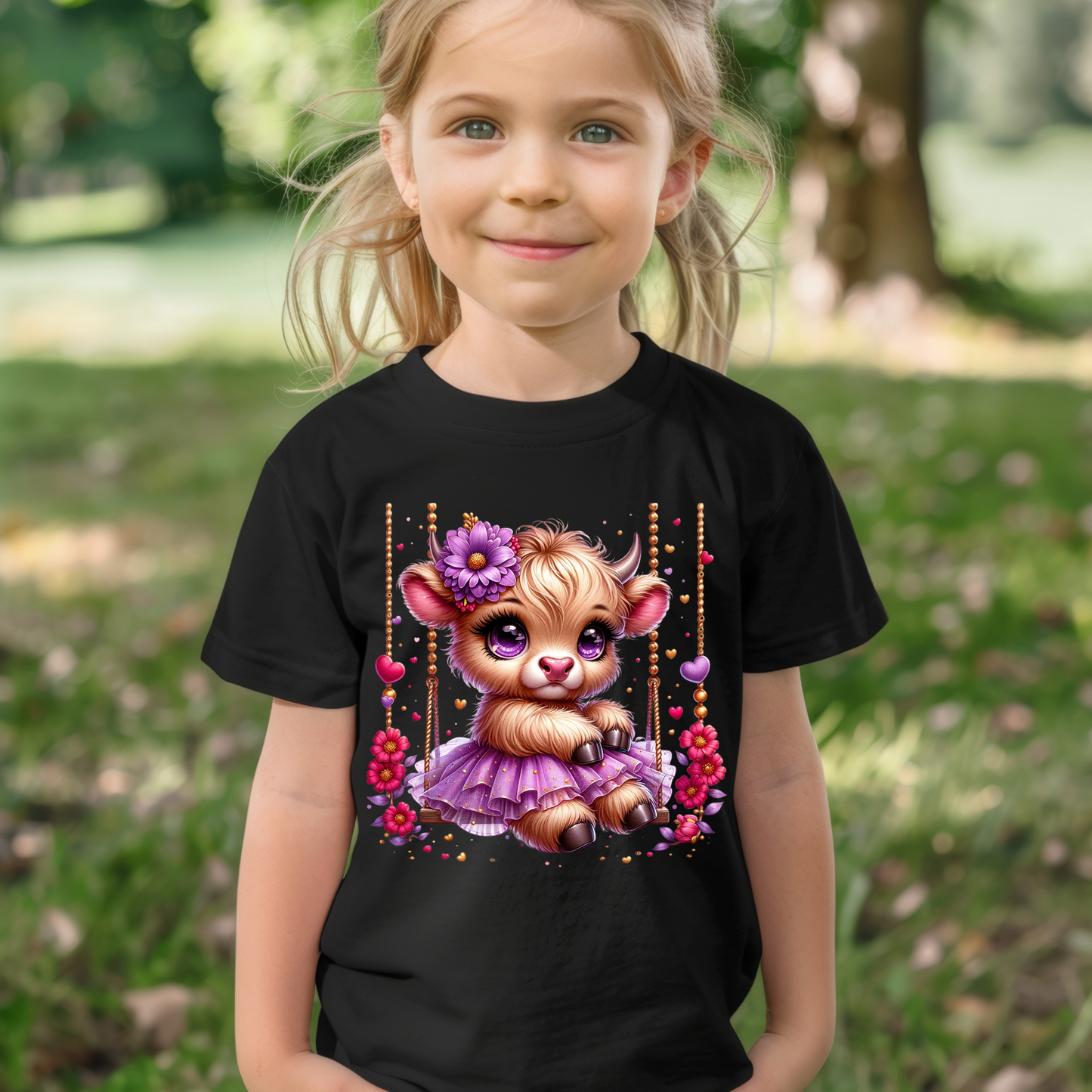 Children's Shirt -Girls Cute Cow on swing     13-18