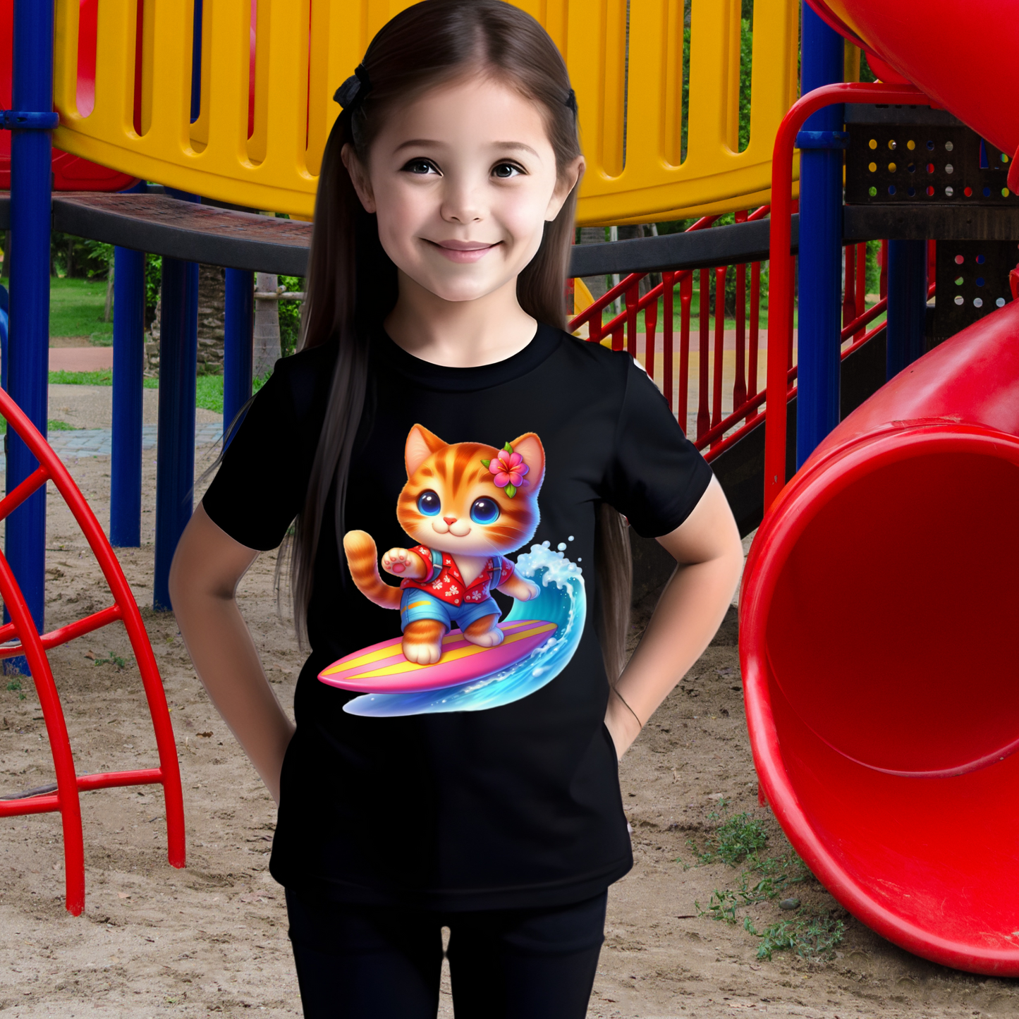 Children's Shirt -Girls Cute Kitten on wave    13-9