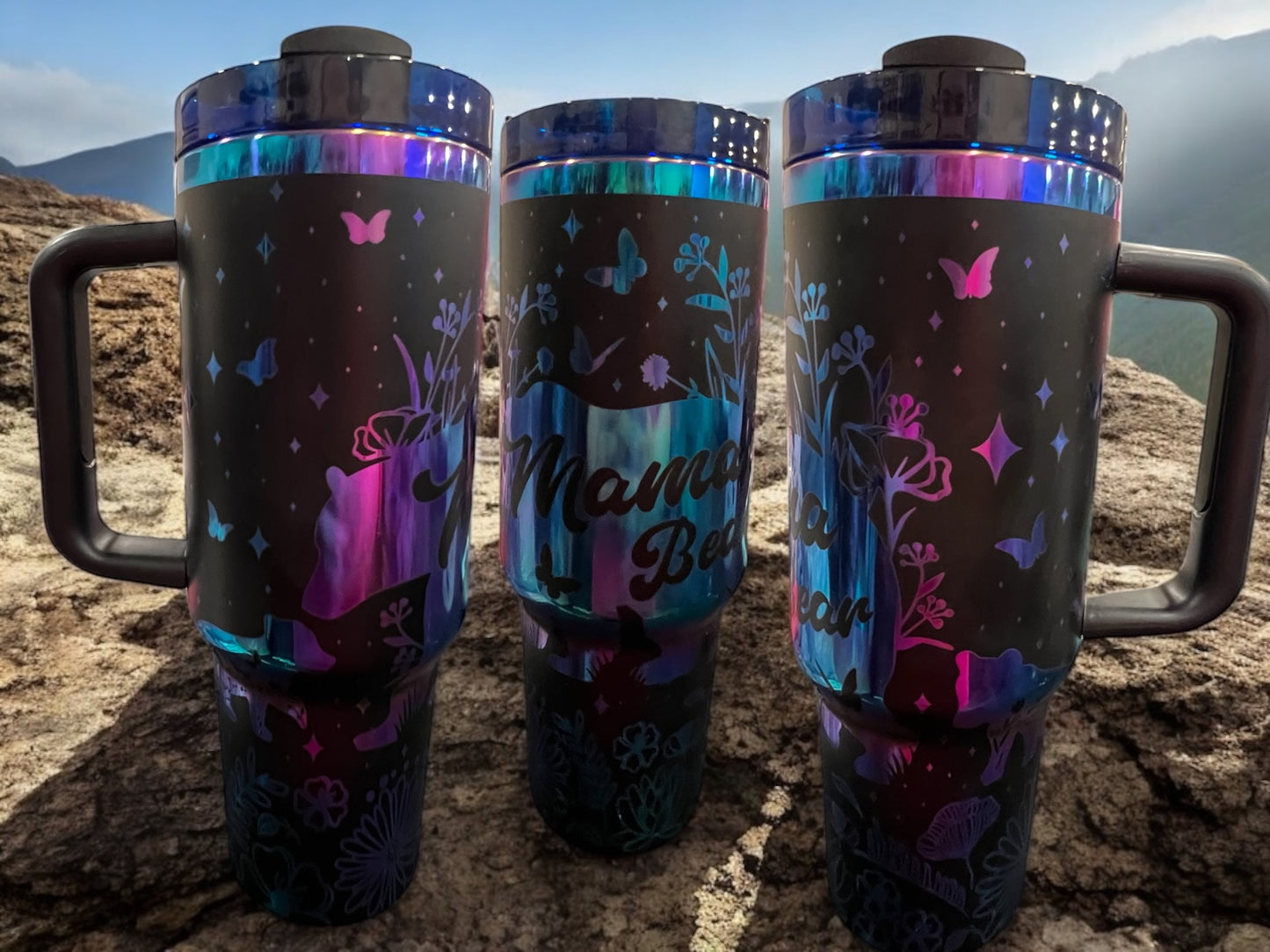 Engraved Rainbow Mama Bear with 2 cubs- 40oz Stainless Steel Portable Cup with Handle -