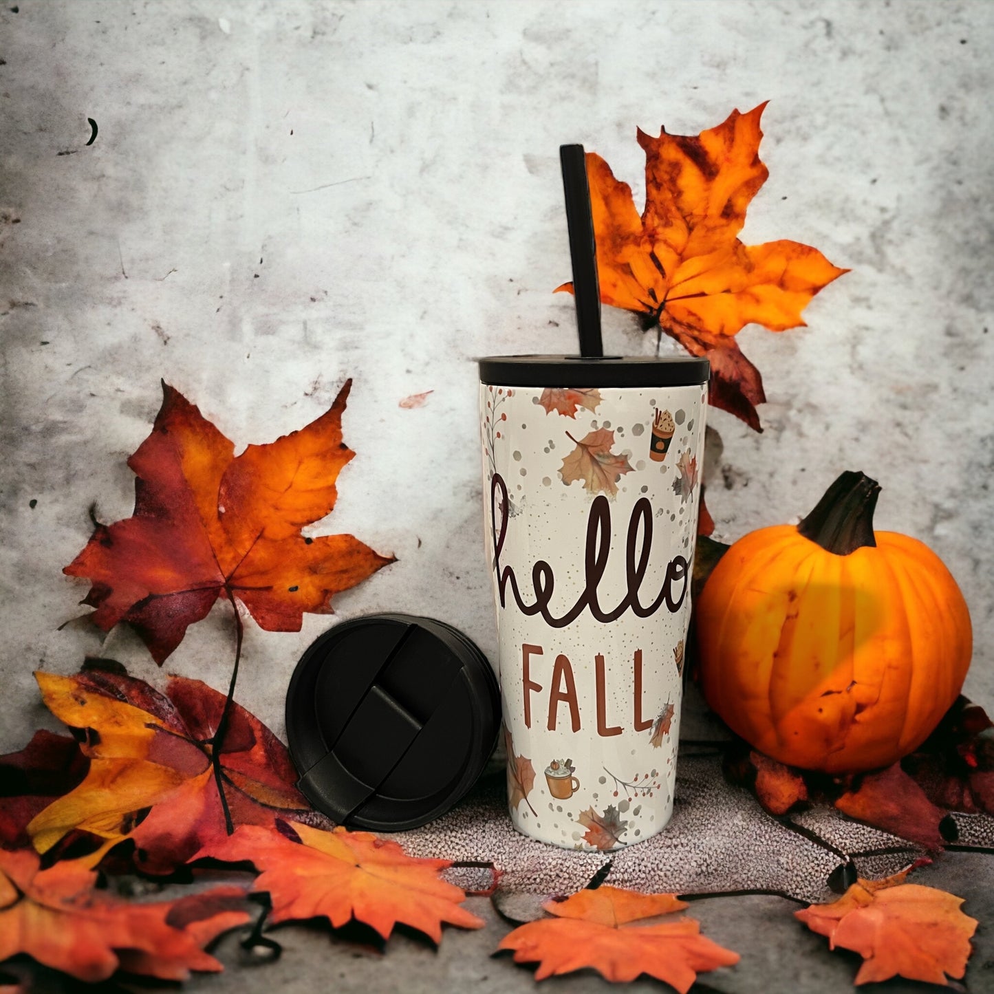 20oz Coffee Travel Tumbler with dual lids Hello Fall Leaves