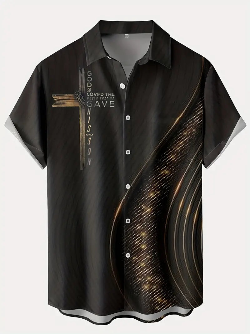 Men's Button Up Shirt -God So Loved the World, Gold Cross   2-5