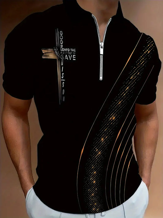 Men's Button Up Shirt -Zip neck line, God So Loved the World, Gold Cross   2-6