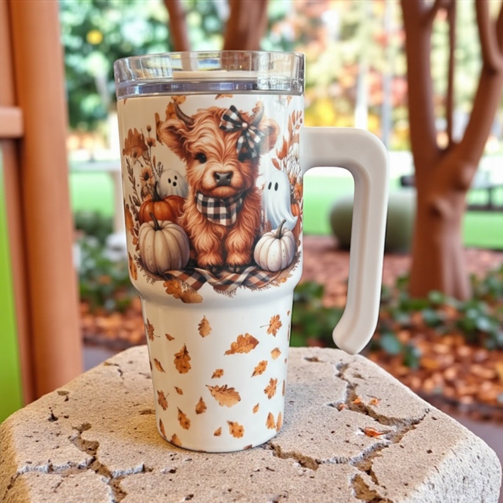 20oz Insulated Cup with Handle – Cute Fall Cow Coffee & Tea Tumbler