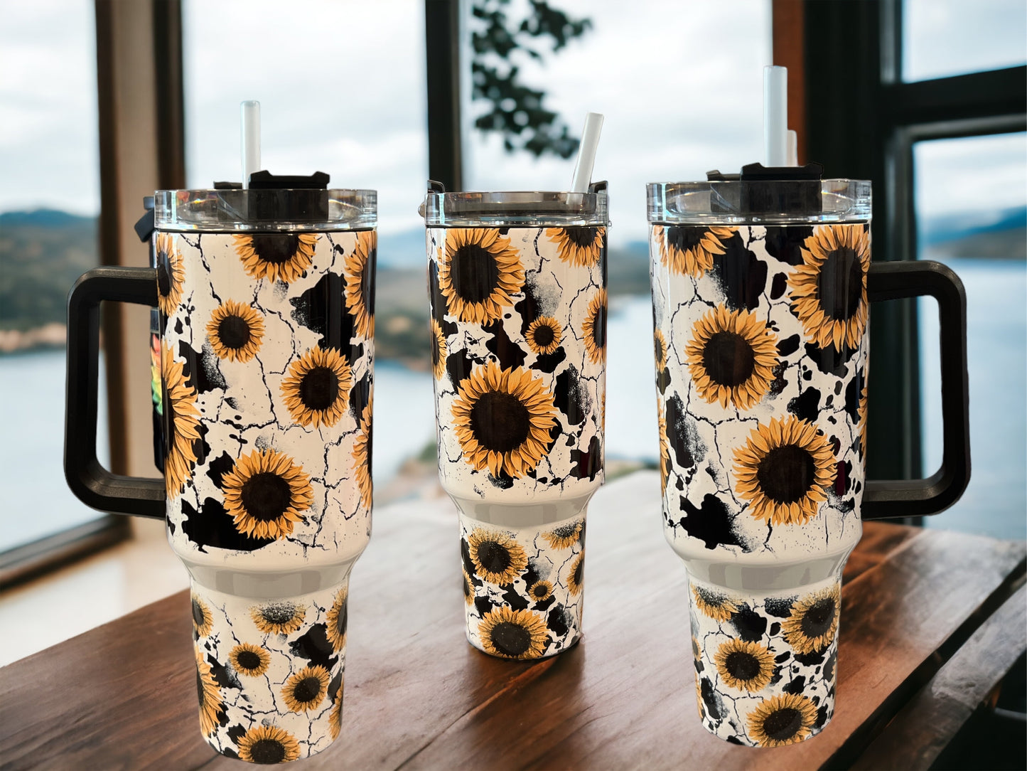 40oz Stanley Style Thirst Quencher Tumblers - Black Handle Cow Print Sunflower