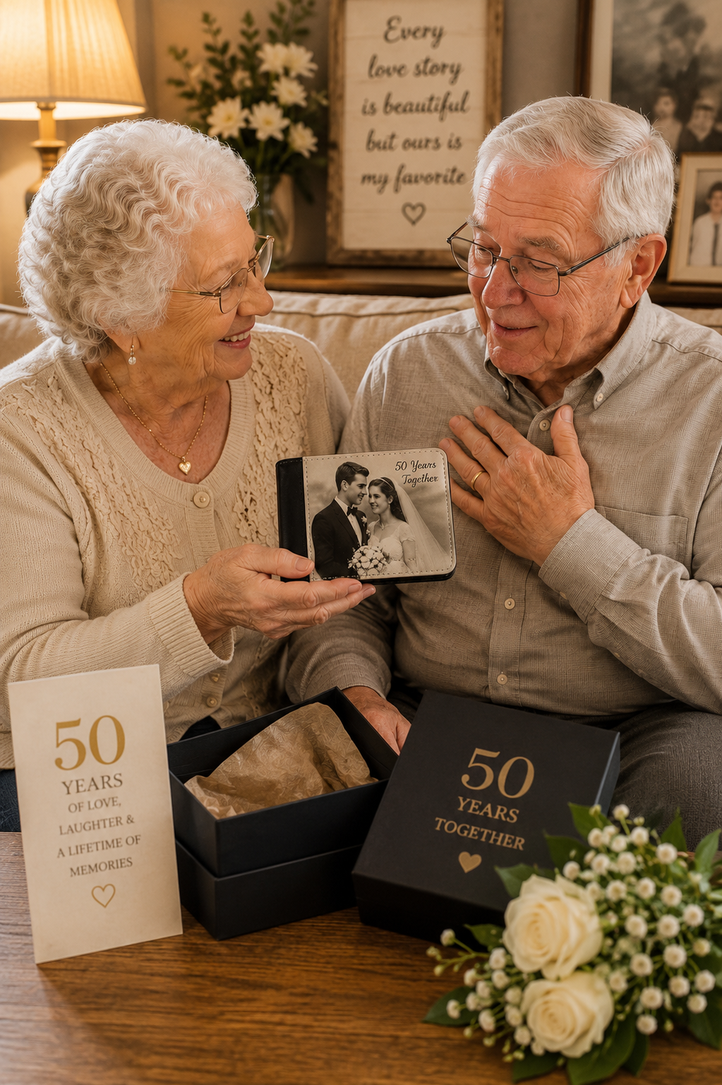 An elderly wife surprising her husband with a personalized leather photo wallet featuring their 50th anniversary wedding photo in a warm home setting. A sentimental custom gift for a husband, 50th wedding anniversary, golden anniversary, birthdays, Christmas, Valentine’s Day, or any special occasion celebrating a lifetime of love.