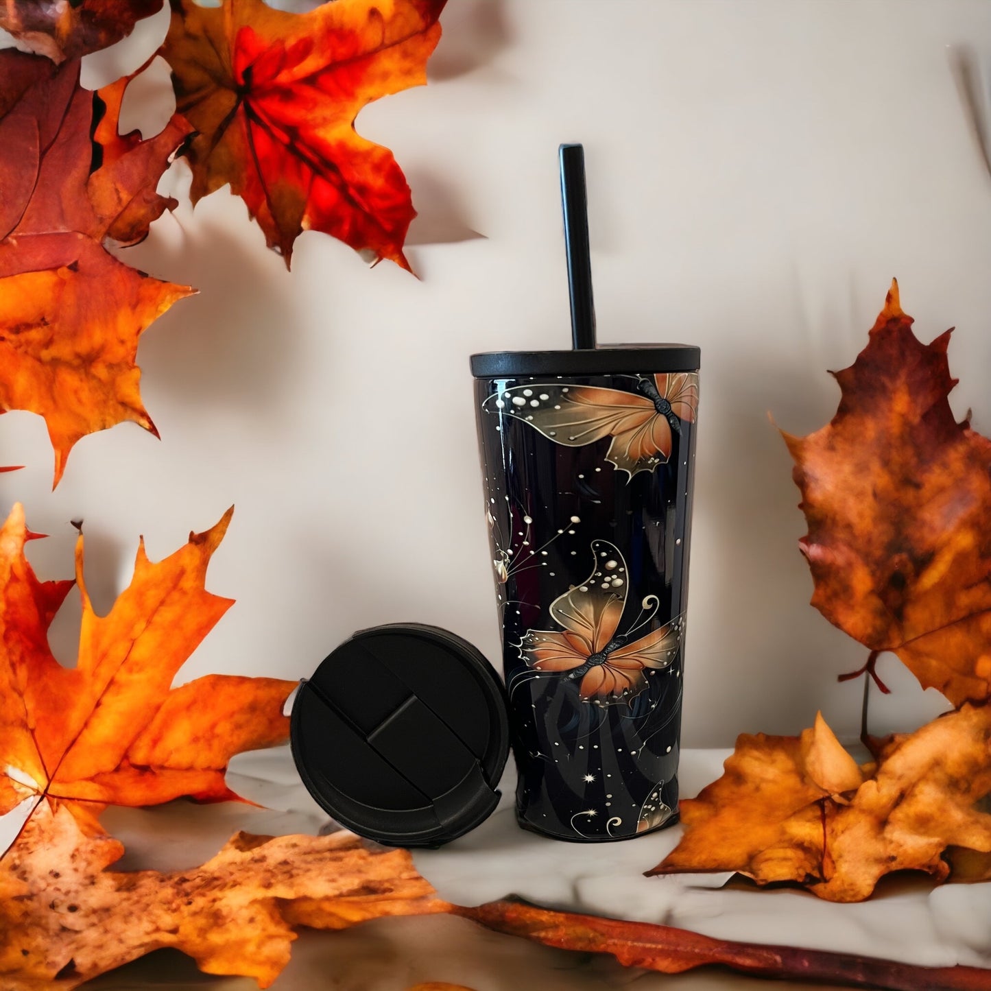 20oz Coffee Travel Tumbler with dual lids Fall, pumpkin, pumpkin butterflies