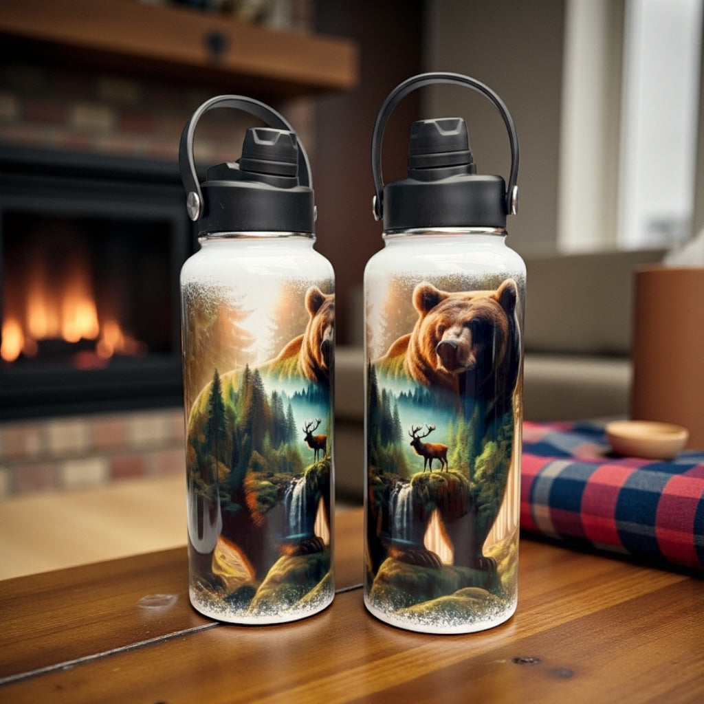 32oz Hydro Sports Water Bottle – Bear Hunting Mountain Forest Design | Dual 2-in-1 Lid, Vacuum Insulated Stainless Steel