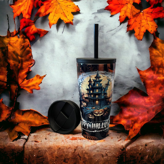 20oz Coffee Travel Tumbler with dual lids happy Halloween castle spiderwebs