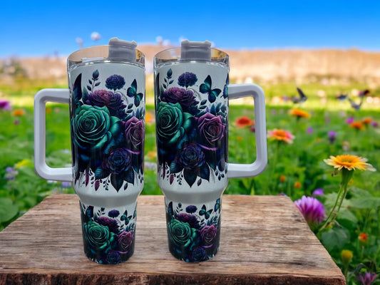 Butterflies and Flowers purple/Teal Holographic Sparkle 40oz Cup Water Bottles - Reusable Portable Drinkware for Everyday Use