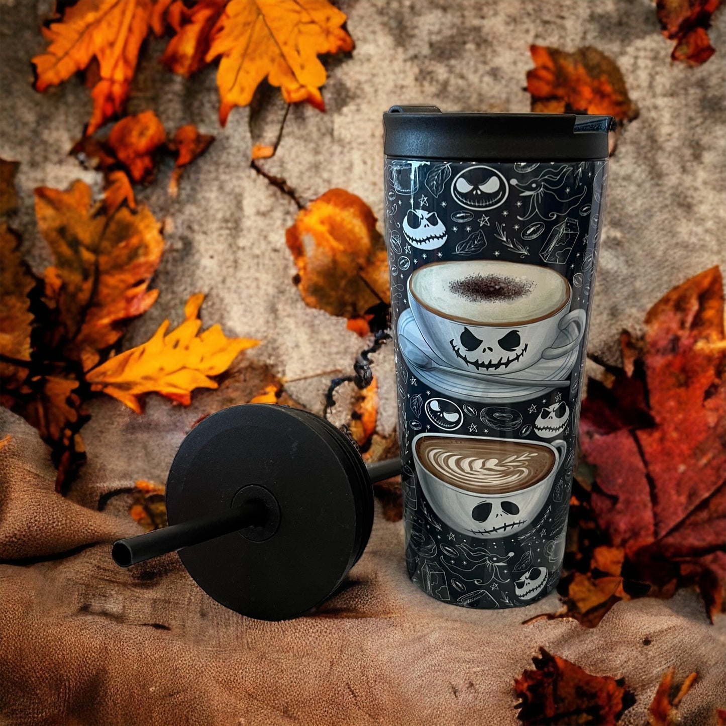 20oz Coffee Travel Tumbler with dual lids happy Halloween nightmare before Christmas coffee