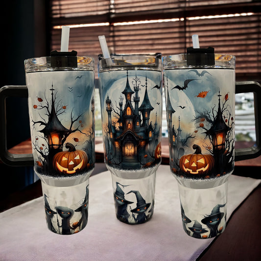 40oz Stanley Style Thirst Quencher Tumblers -Halloween House Pumpkins